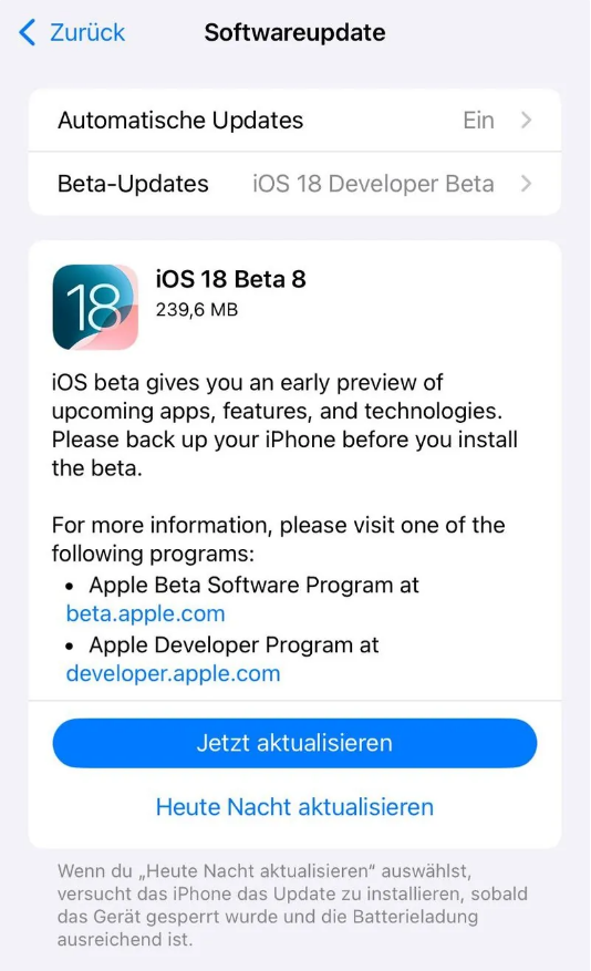 吕梁苹果手机维修分享苹果 iOS / iPadOS 18 开发者预览版 Beta 8 发布 